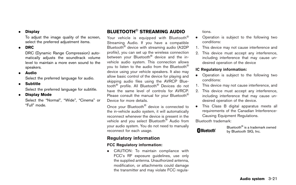 Bluetooth, Streaming audio -21, Streaming audio | Regulatory information | NISSAN 2013 GT R - Multi Function Display Owner's Manual User Manual | Page 149 / 315