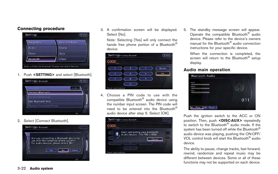Connecting procedure, Audio main operation | NISSAN 2013 GT R - Multi Function Display Owner's Manual User Manual | Page 150 / 315
