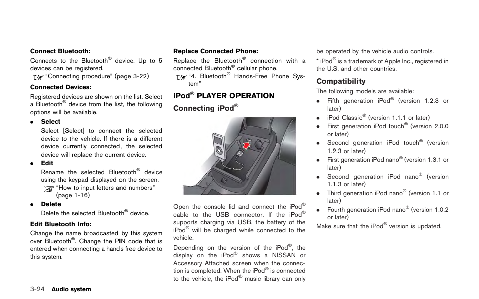 Ipod, Player operation -24, Player operation connecting ipod | Compatibility | NISSAN 2013 GT R - Multi Function Display Owner's Manual User Manual | Page 152 / 315