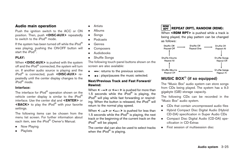 Music box, If so equipped) -25, Audio main operation | If so equipped) | NISSAN 2013 GT R - Multi Function Display Owner's Manual User Manual | Page 153 / 315