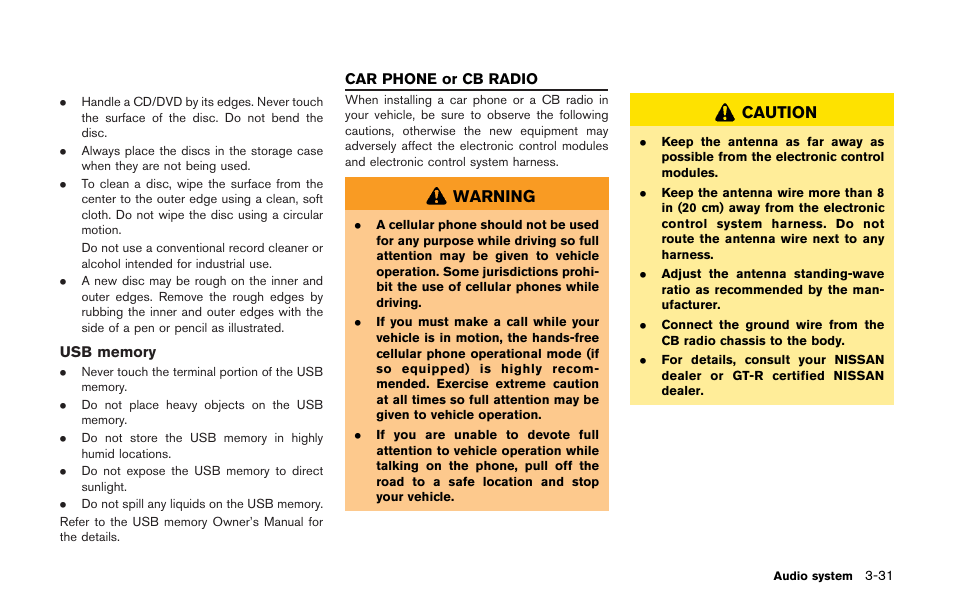 Car phone or cb radio -31, Warning, Caution | NISSAN 2013 GT R - Multi Function Display Owner's Manual User Manual | Page 159 / 315