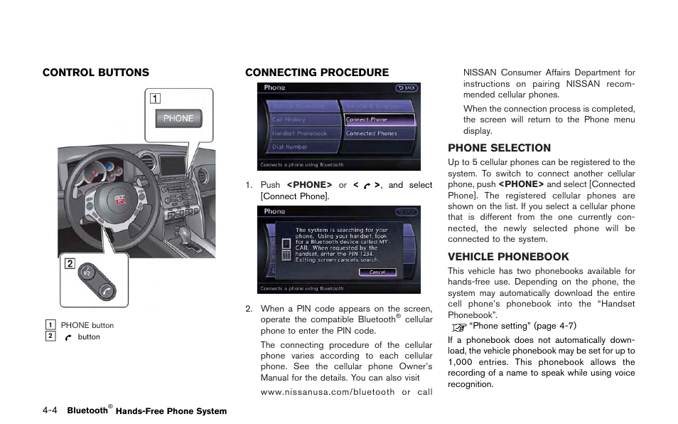 Control buttons -4 connecting procedure -4, Phone selection -4 vehicle phonebook -4 | NISSAN 2013 GT R - Multi Function Display Owner's Manual User Manual | Page 164 / 315