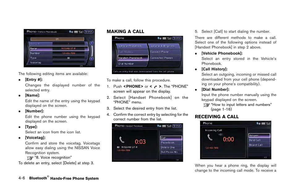 Making a call -6 receiving a call -6 | NISSAN 2013 GT R - Multi Function Display Owner's Manual User Manual | Page 166 / 315