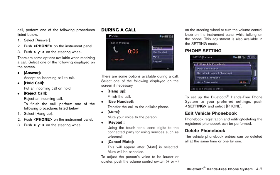 During a call -7 phone setting -7 | NISSAN 2013 GT R - Multi Function Display Owner's Manual User Manual | Page 167 / 315