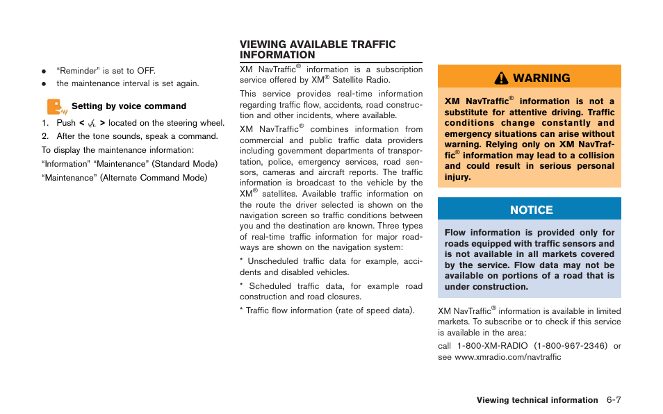 Viewing available traffic information -7, Warning, Notice | NISSAN 2013 GT R - Multi Function Display Owner's Manual User Manual | Page 185 / 315