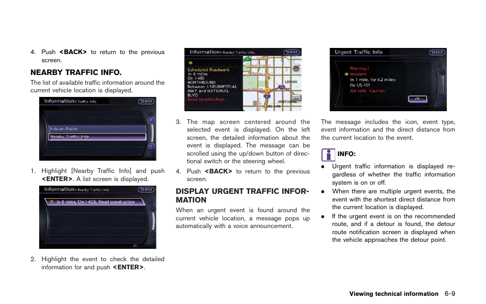 Nearby traffic info -9, Display urgent traffic information -9 | NISSAN 2013 GT R - Multi Function Display Owner's Manual User Manual | Page 187 / 315