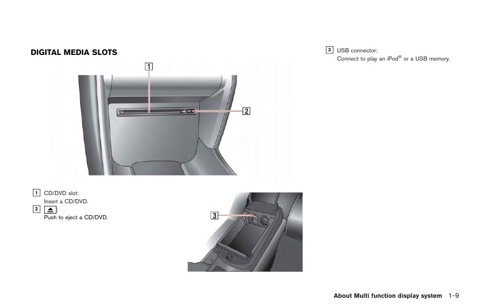 Digital media slots -9 | NISSAN 2013 GT R - Multi Function Display Owner's Manual User Manual | Page 19 / 315