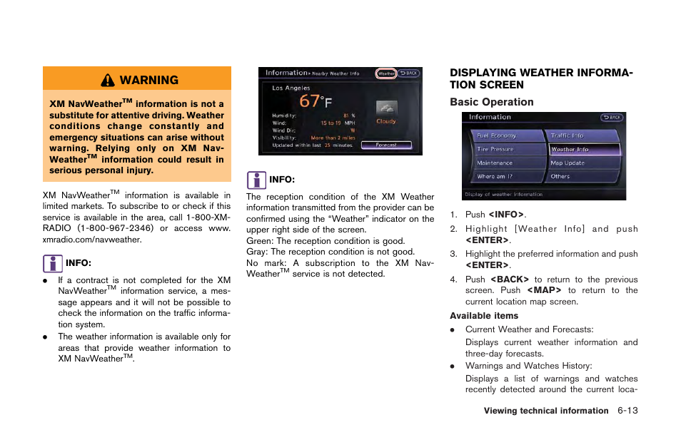 Displaying weather information screen -13, Warning | NISSAN 2013 GT R - Multi Function Display Owner's Manual User Manual | Page 191 / 315