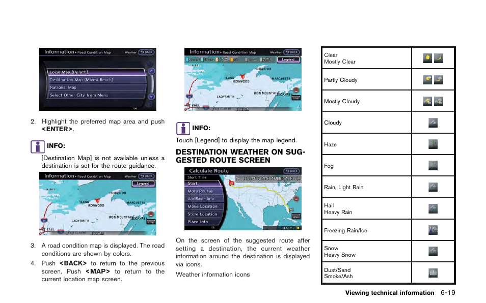 Destination weather on suggested route screen -19 | NISSAN 2013 GT R - Multi Function Display Owner's Manual User Manual | Page 197 / 315