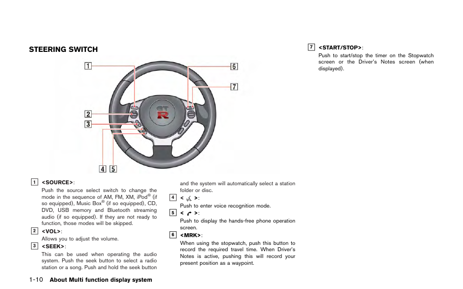 Steering switch -10 | NISSAN 2013 GT R - Multi Function Display Owner's Manual User Manual | Page 20 / 315