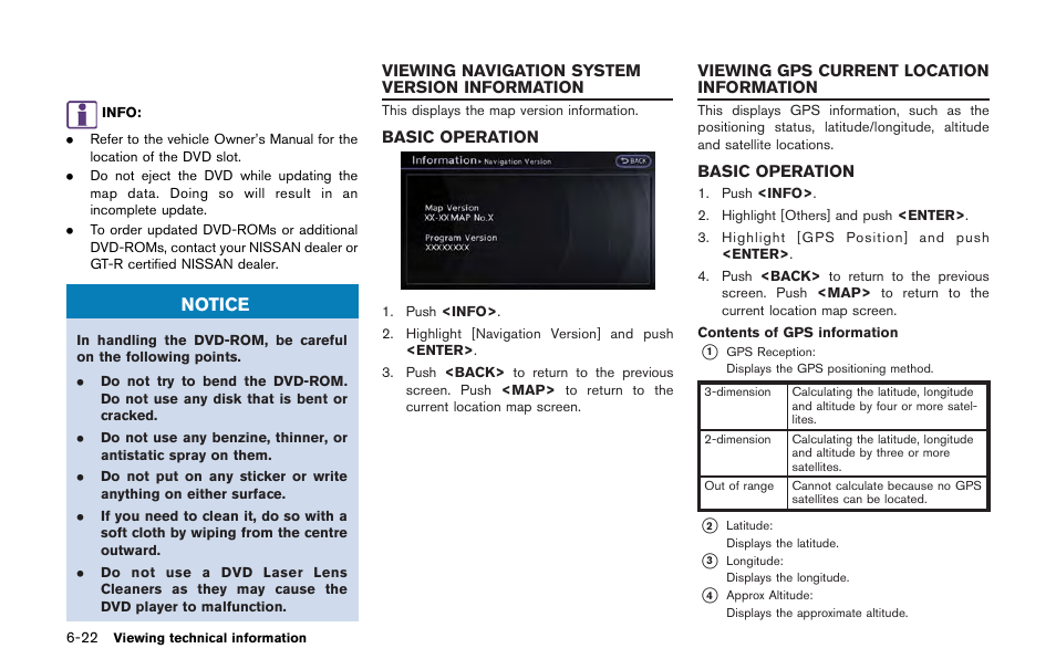 Viewing navigation system version information -22, Basic operation -22, Viewing gps current location information -22 | Notice | NISSAN 2013 GT R - Multi Function Display Owner's Manual User Manual | Page 200 / 315