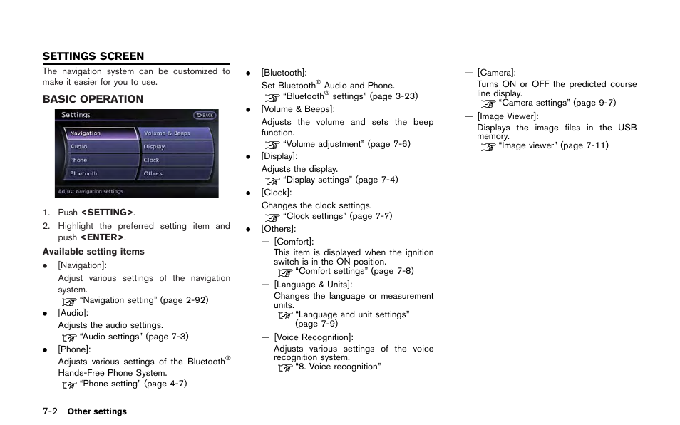 Settings screen -2, Basic operation -2 | NISSAN 2013 GT R - Multi Function Display Owner's Manual User Manual | Page 204 / 315