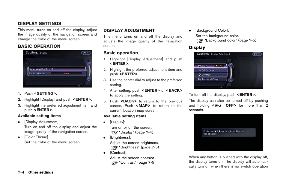 Display settings -4, Basic operation -4 display adjustment -4 | NISSAN 2013 GT R - Multi Function Display Owner's Manual User Manual | Page 206 / 315