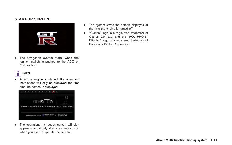 Start-up screen -11 | NISSAN 2013 GT R - Multi Function Display Owner's Manual User Manual | Page 21 / 315