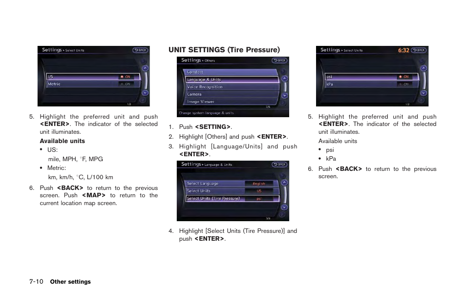 Unit settings (tire pressure) -10 | NISSAN 2013 GT R - Multi Function Display Owner's Manual User Manual | Page 212 / 315