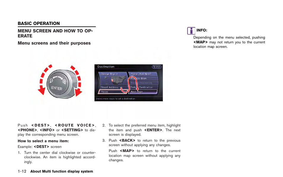 Basic operation -12, Menu screen and how to operate -12 | NISSAN 2013 GT R - Multi Function Display Owner's Manual User Manual | Page 22 / 315