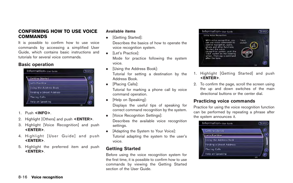 Confirming how to use voice commands -16 | NISSAN 2013 GT R - Multi Function Display Owner's Manual User Manual | Page 230 / 315