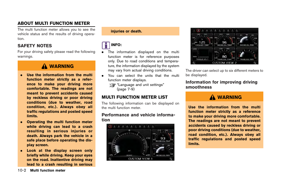 About multi function meter -2, Safety notes -2 multi function meter list -2 | NISSAN 2013 GT R - Multi Function Display Owner's Manual User Manual | Page 248 / 315