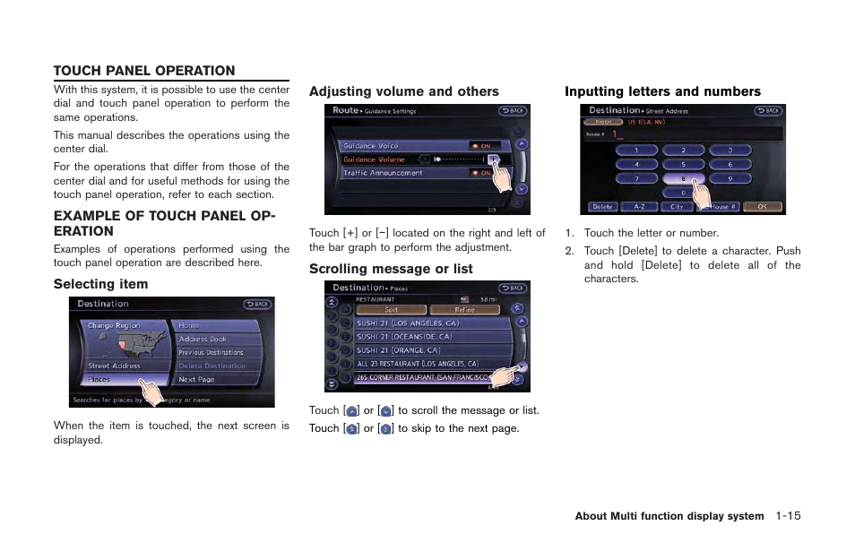 Touch panel operation -15, Example of touch panel operation -15 | NISSAN 2013 GT R - Multi Function Display Owner's Manual User Manual | Page 25 / 315