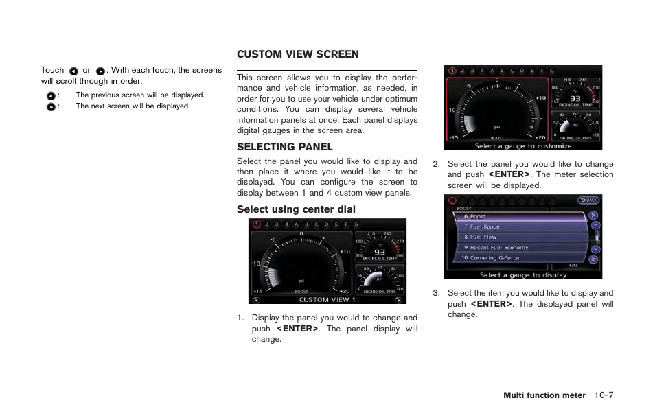 Custom view screen -7, Selecting panel -7 | NISSAN 2013 GT R - Multi Function Display Owner's Manual User Manual | Page 253 / 315