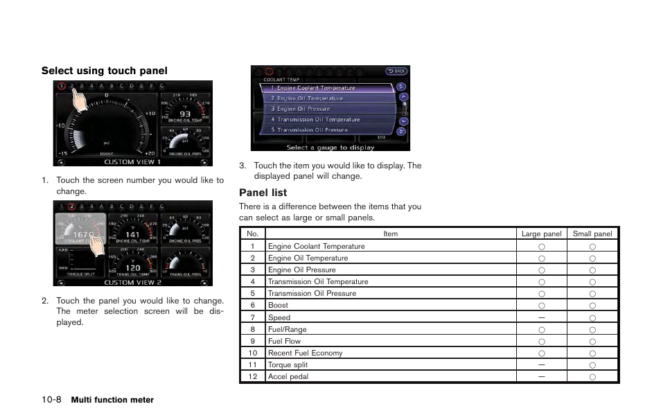 Select using touch panel, Panel list | NISSAN 2013 GT R - Multi Function Display Owner's Manual User Manual | Page 254 / 315
