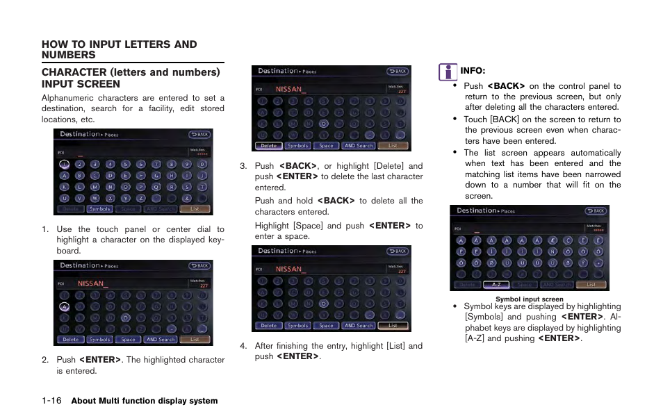 How to input letters and numbers -16, Character (letters and numbers) input screen -16 | NISSAN 2013 GT R - Multi Function Display Owner's Manual User Manual | Page 26 / 315