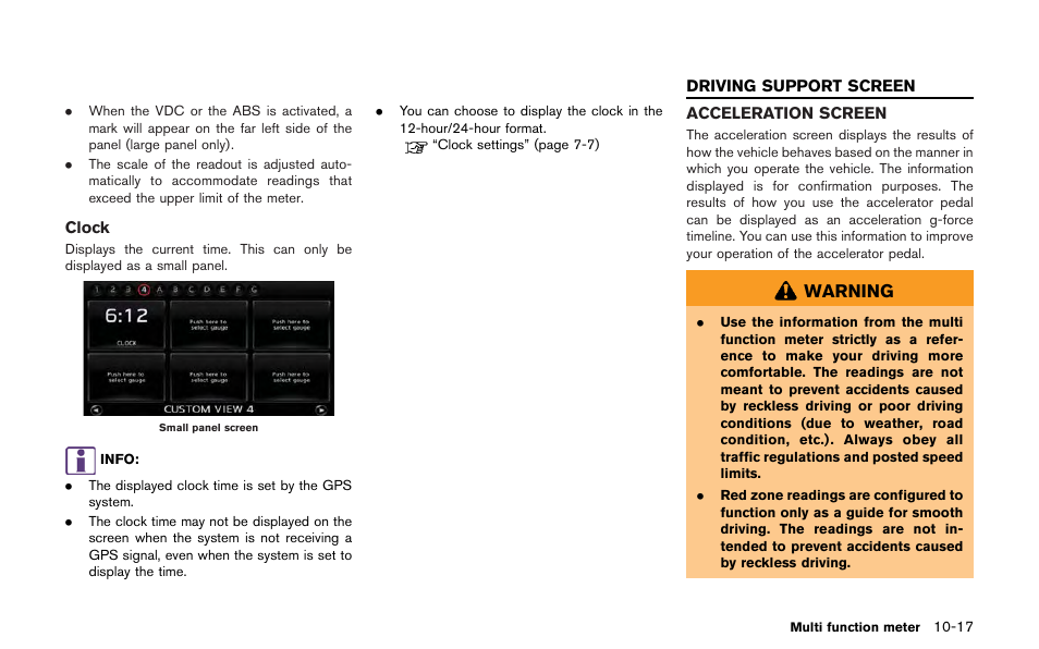 Driving support screen -17, Acceleration screen -17, Warning | NISSAN 2013 GT R - Multi Function Display Owner's Manual User Manual | Page 263 / 315