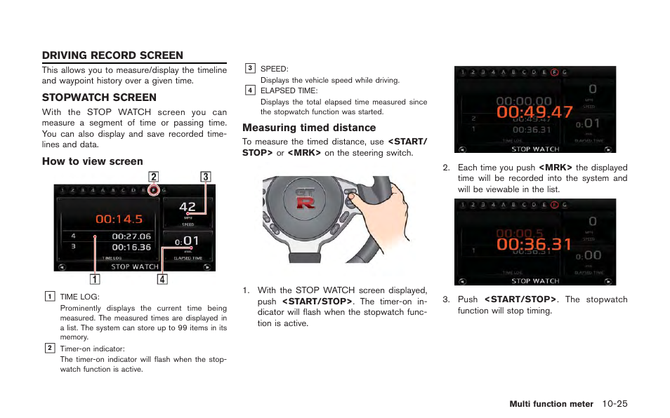 Driving record screen -25, Stopwatch screen -25 | NISSAN 2013 GT R - Multi Function Display Owner's Manual User Manual | Page 271 / 315