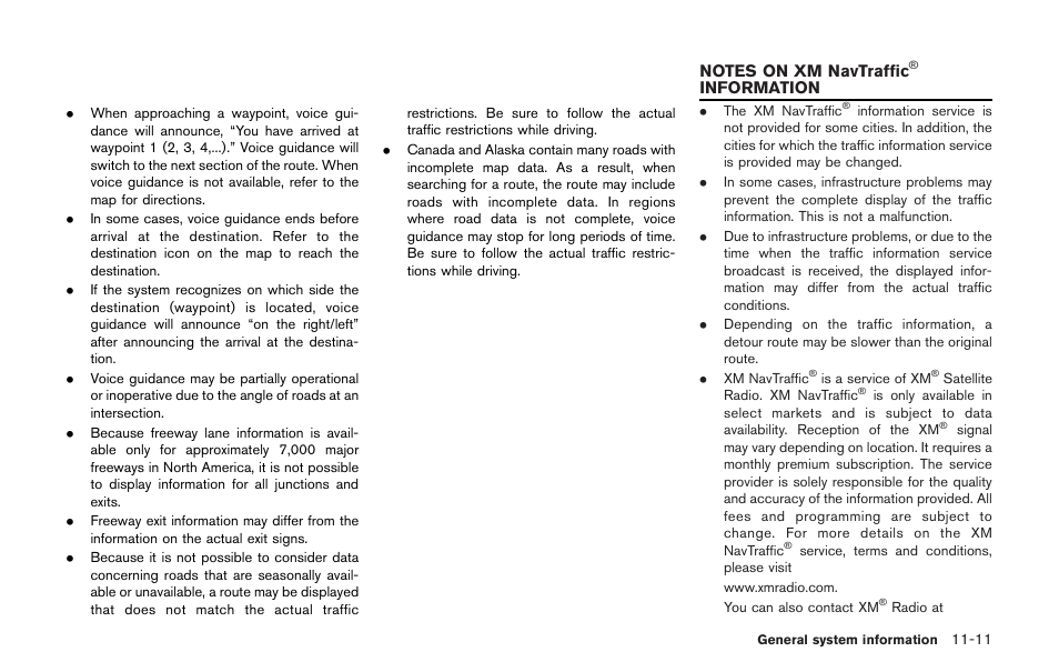 Notes on xm navtraffic, Information -11, Information | NISSAN 2013 GT R - Multi Function Display Owner's Manual User Manual | Page 289 / 315