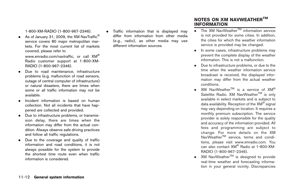 Notes on xm navweather, Information -12, Information | NISSAN 2013 GT R - Multi Function Display Owner's Manual User Manual | Page 290 / 315
