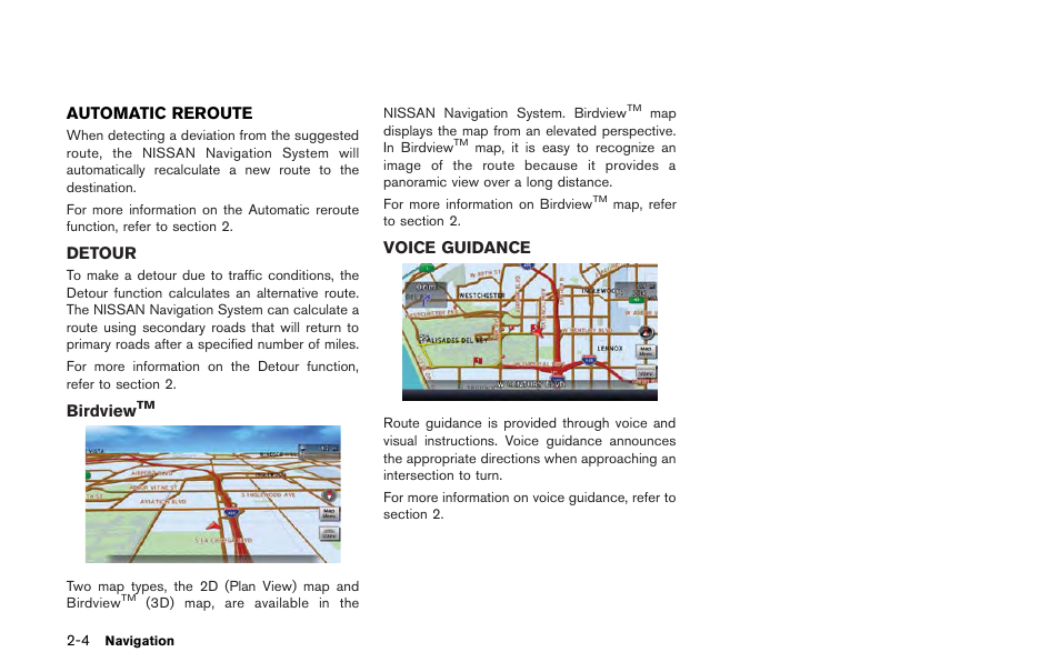 Automatic reroute -4 detour -4 birdview, Voice guidance -4 | NISSAN 2013 GT R - Multi Function Display Owner's Manual User Manual | Page 32 / 315