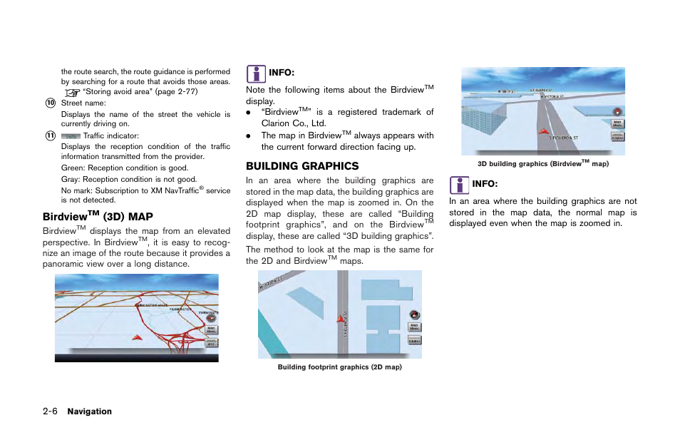 Birdview, 3d) map -6, Building graphics -6 | 3d) map, Building graphics | NISSAN 2013 GT R - Multi Function Display Owner's Manual User Manual | Page 34 / 315