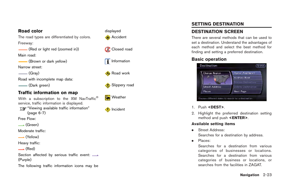 Setting destination -23, Destination screen -23 | NISSAN 2013 GT R - Multi Function Display Owner's Manual User Manual | Page 51 / 315