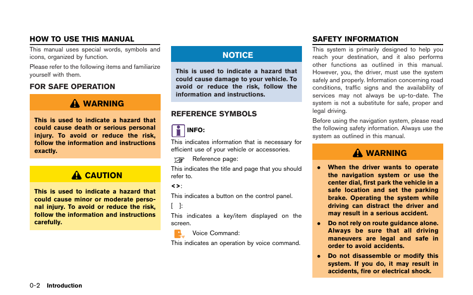 How to use this manual -2, For safe operation -2 reference symbols -2, Safety information -2 | NISSAN 2013 GT R - Multi Function Display Owner's Manual User Manual | Page 6 / 315