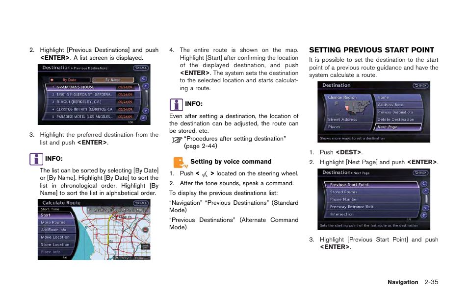 Setting previous start point -35 | NISSAN 2013 GT R - Multi Function Display Owner's Manual User Manual | Page 63 / 315