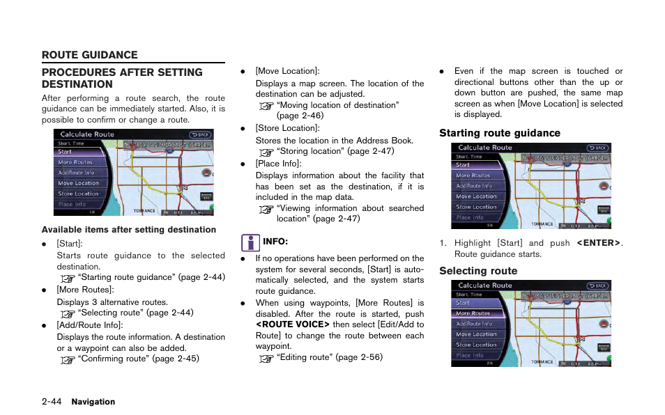 Route guidance -44, Procedures after setting destination -44 | NISSAN 2013 GT R - Multi Function Display Owner's Manual User Manual | Page 72 / 315