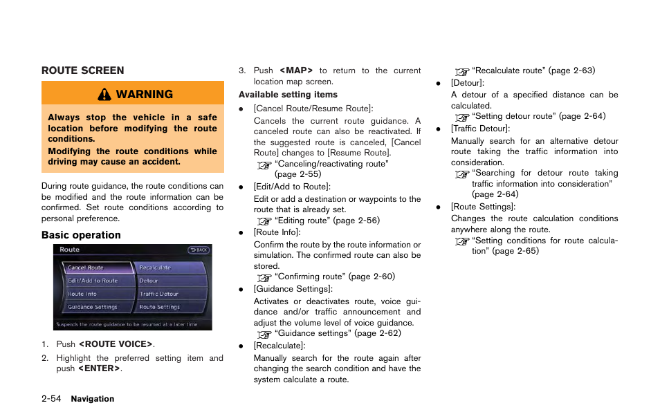 Route screen -54, Warning | NISSAN 2013 GT R - Multi Function Display Owner's Manual User Manual | Page 82 / 315