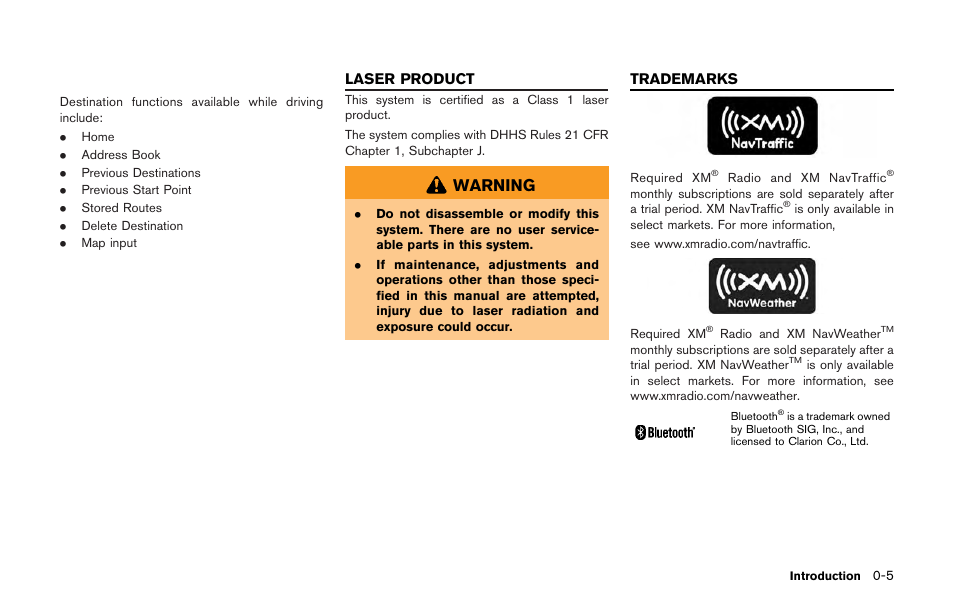 Laser product -5 trademarks -5, Warning, Laser product trademarks | NISSAN 2013 GT R - Multi Function Display Owner's Manual User Manual | Page 9 / 315