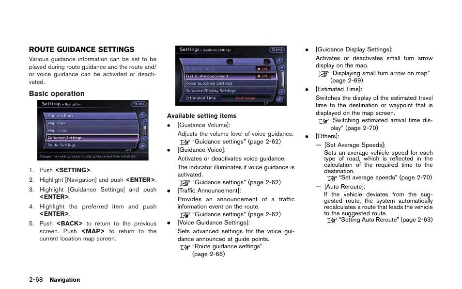 Route guidance settings -68 | NISSAN 2013 GT R - Multi Function Display Owner's Manual User Manual | Page 96 / 315