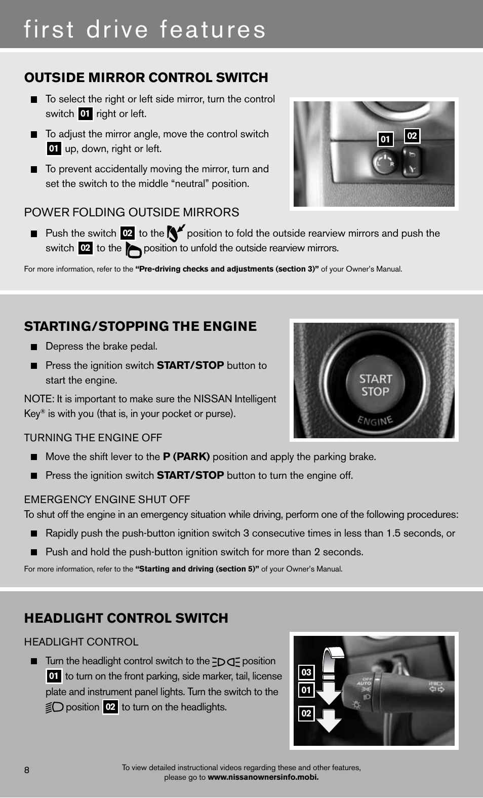 First drive features, Outside mirror control switch, Headlight control switch | Starting/stopping the engine | NISSAN 2013 GT R - Quick Reference Guide User Manual | Page 10 / 24