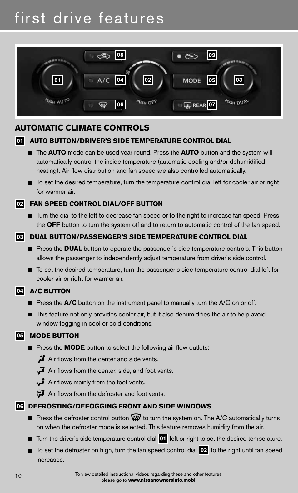 First drive features, Automatic climate controls | NISSAN 2013 GT R - Quick Reference Guide User Manual | Page 12 / 24