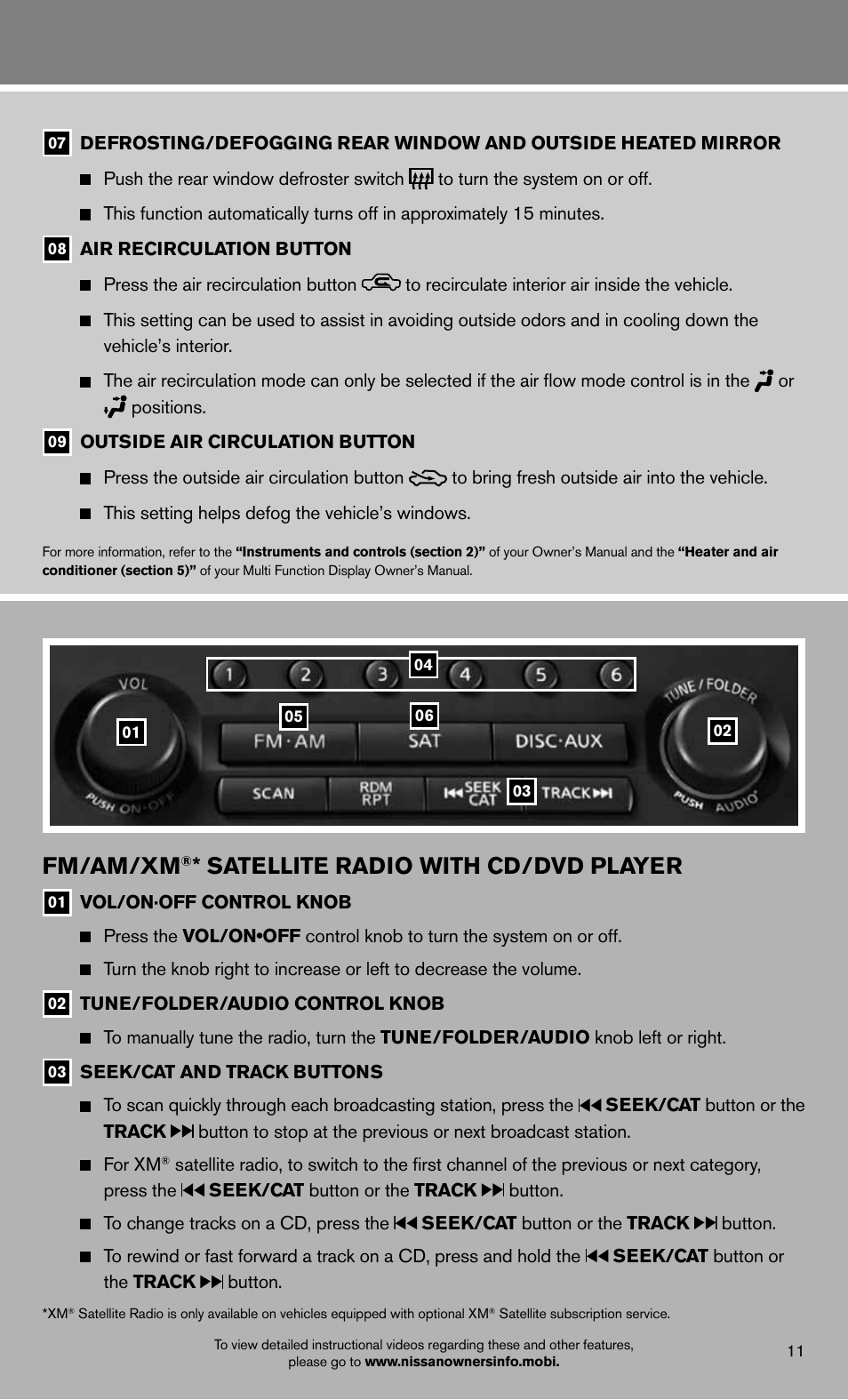 Fm/am/xm, Satellite radio with cd/dvd player | NISSAN 2013 GT R - Quick Reference Guide User Manual | Page 13 / 24