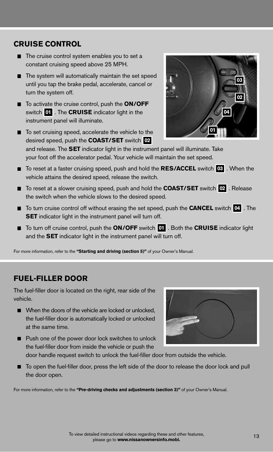 Cruise control, Fuel-filler door | NISSAN 2013 GT R - Quick Reference Guide User Manual | Page 15 / 24