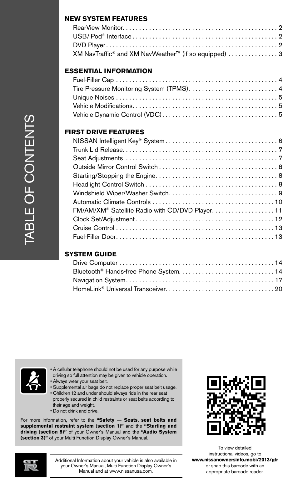 NISSAN 2013 GT R - Quick Reference Guide User Manual | Page 3 / 24
