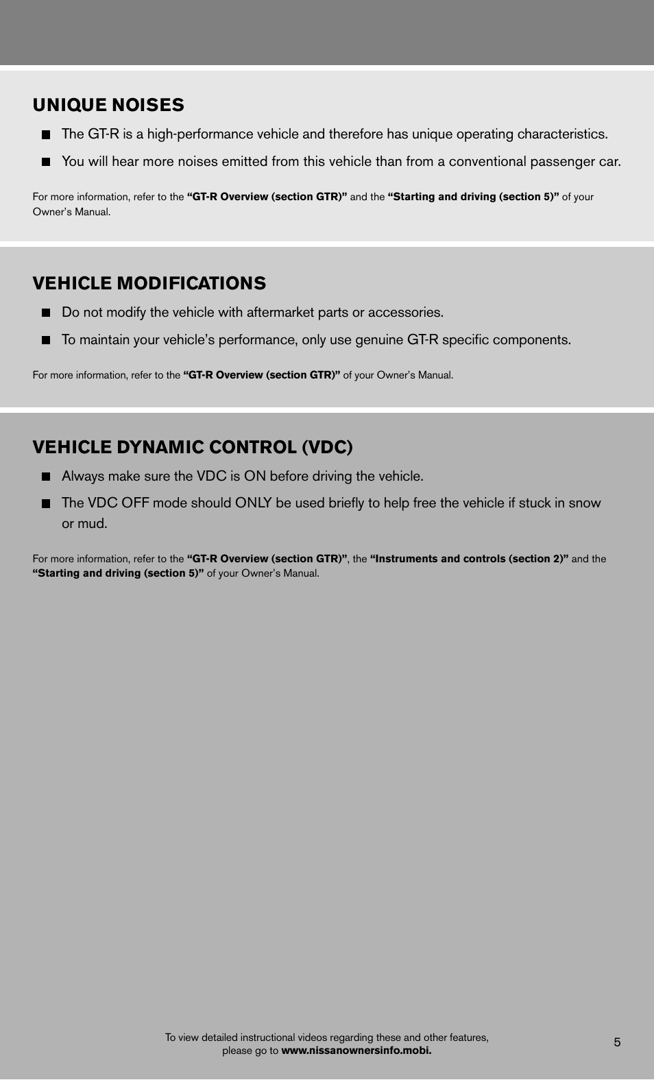 Unique noises, Vehicle modifications, Vehicle dynamic control (vdc) | NISSAN 2013 GT R - Quick Reference Guide User Manual | Page 7 / 24