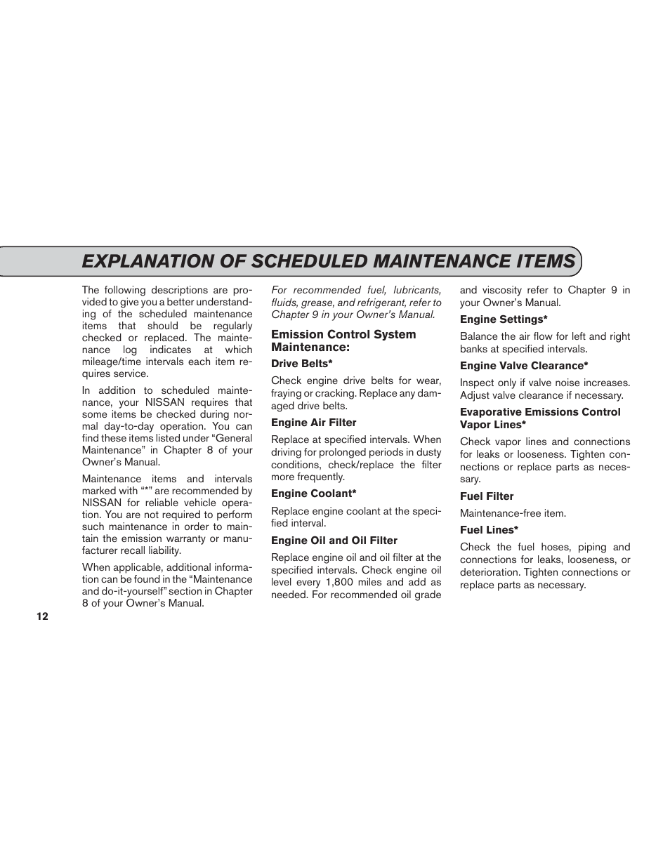 Explanation of scheduled maintenance items | NISSAN 2013 GT R - Service & Maintenance Guide User Manual | Page 13 / 79