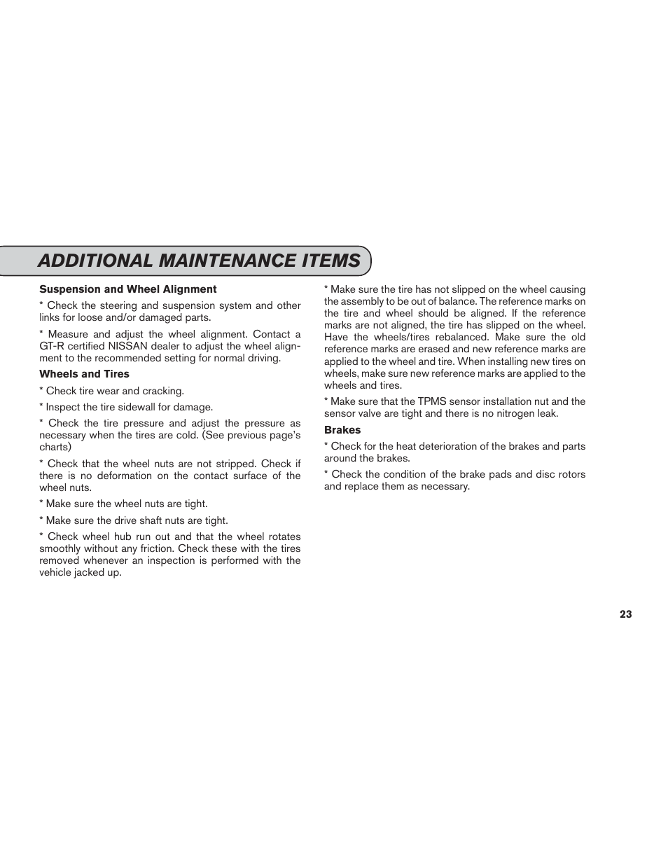 Additional maintenance items | NISSAN 2013 GT R - Service & Maintenance Guide User Manual | Page 24 / 79