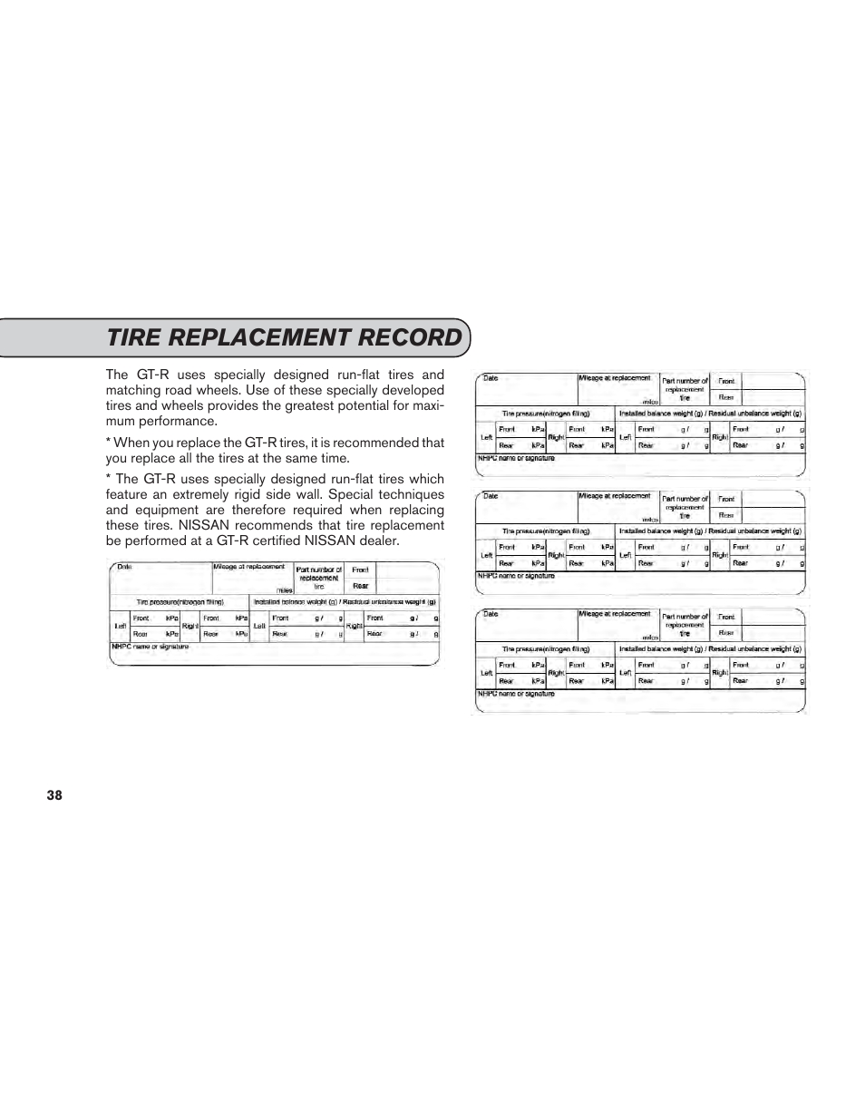 Tire replacement record | NISSAN 2013 GT R - Service & Maintenance Guide User Manual | Page 39 / 79