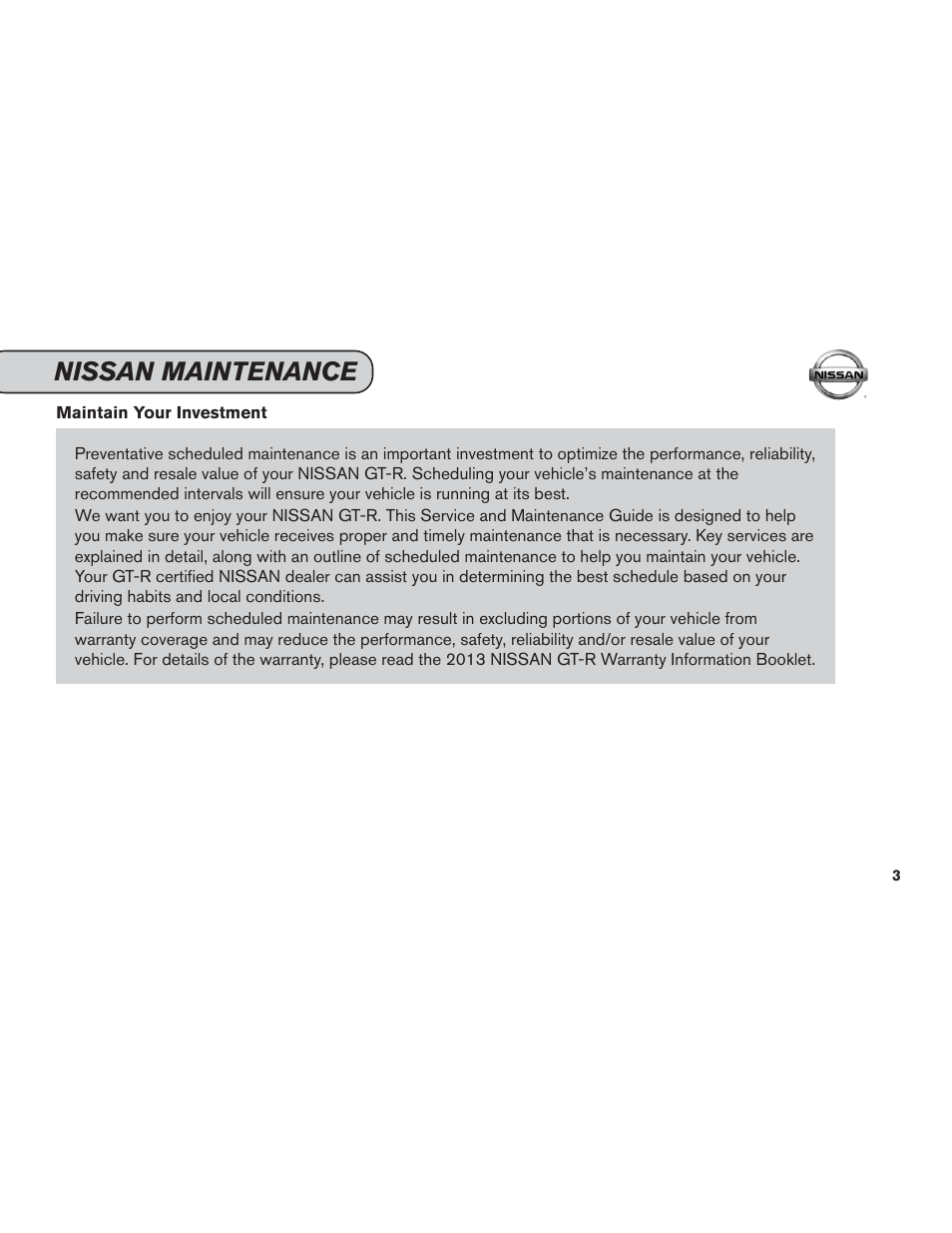 Nissan maintenance | NISSAN 2013 GT R - Service & Maintenance Guide User Manual | Page 4 / 79
