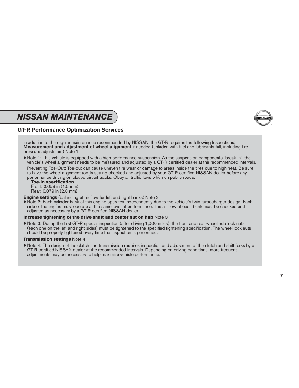 Nissan maintenance | NISSAN 2013 GT R - Service & Maintenance Guide User Manual | Page 8 / 79
